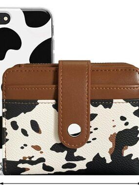NEW Wallet Card Slots Small Wallet w Zipper Coin Pouch Wallet Cow Print w Brown